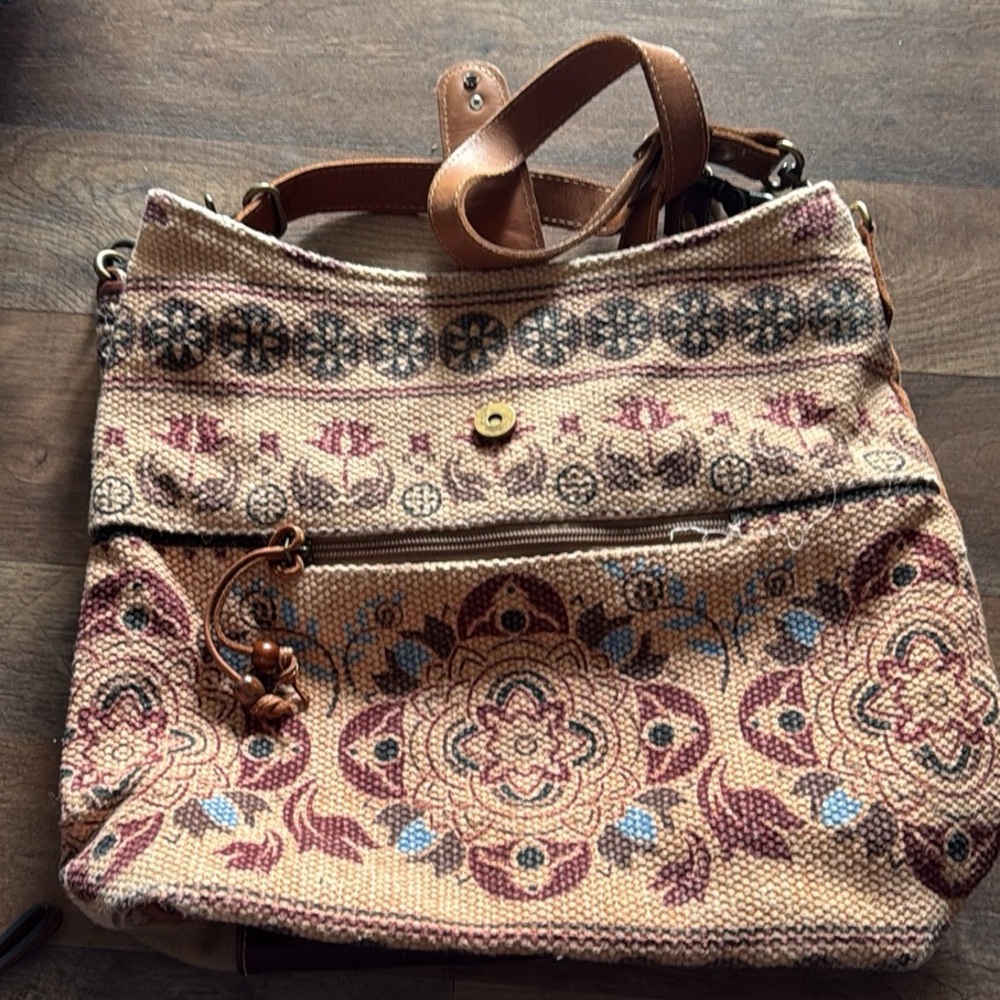 Myra Bag Tan and Brown Shoulder Bag with Vintage Pattern